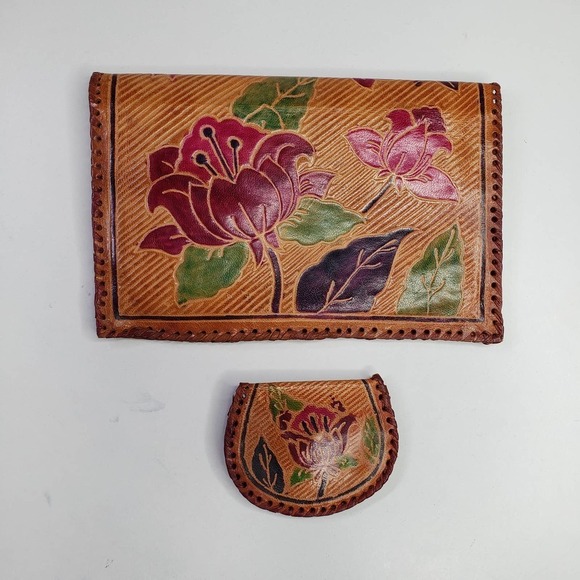 Leather Embossed Tooled Clutch Coin Purse 2pc Set Brown Tan Handmade Boho - Picture 3 of 9